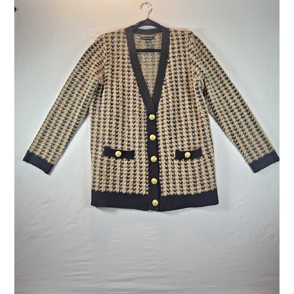 Tahari Sweater M Houndstooth Cardigan Black Beige Gold Button Fuzzy Eyelash Knit